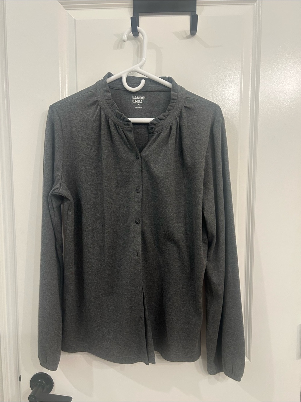 Lands' End Women's Charcoal Gray Button-Front Ruffle Neck Top